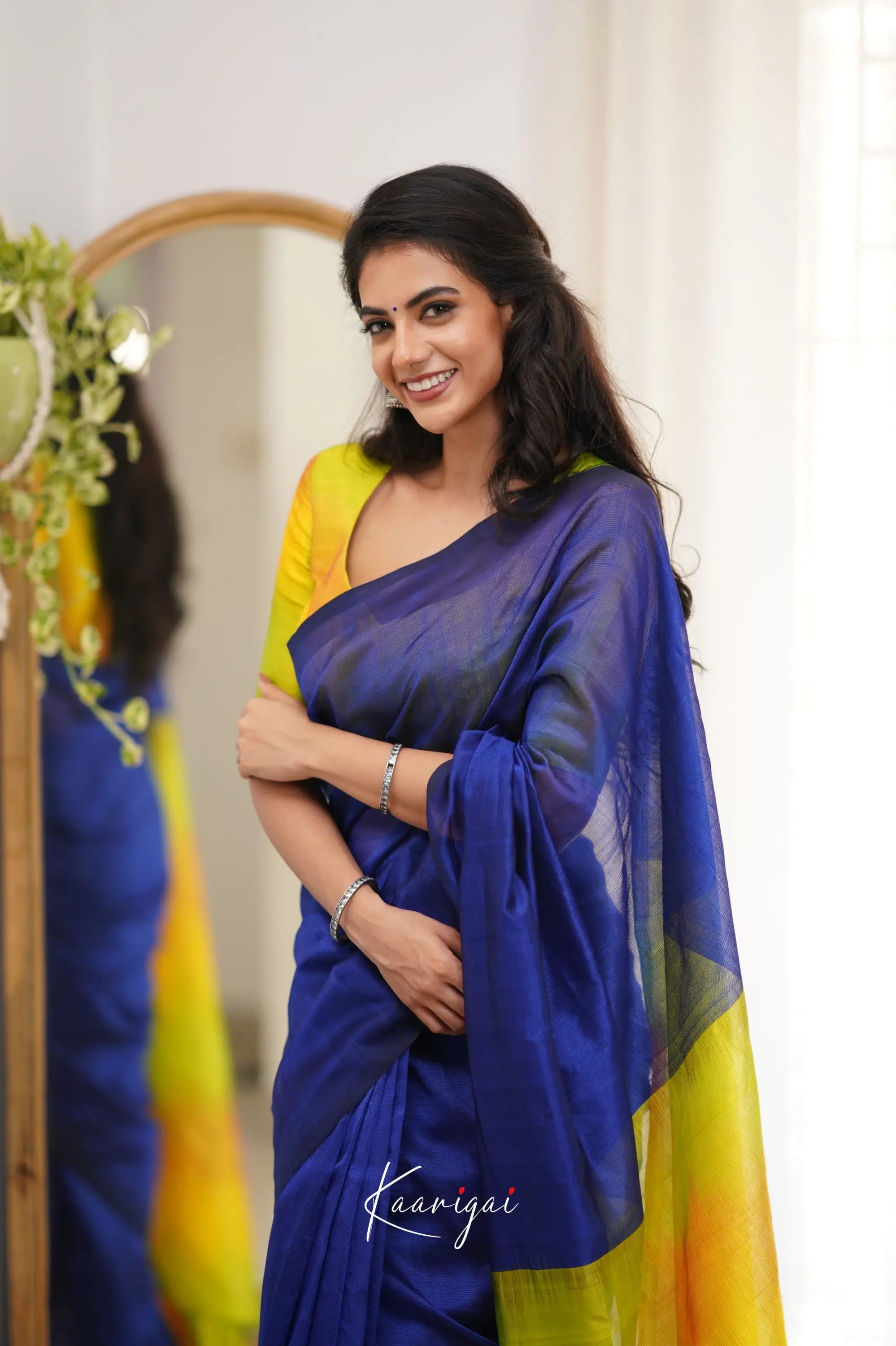 Madura Mangalagiri Saree - Ink Blue And Yellow Sarees