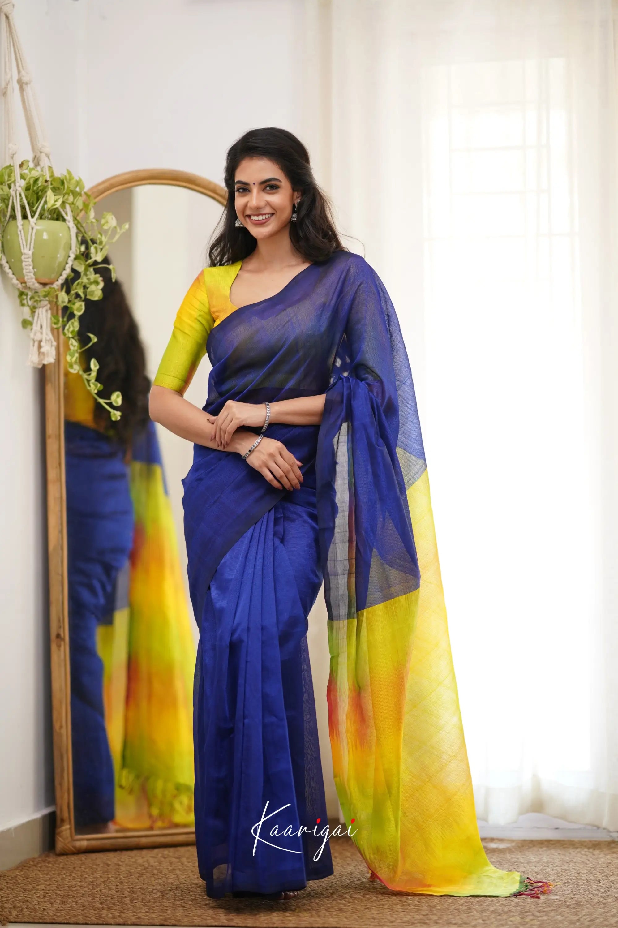 Madura Mangalagiri Saree - Ink Blue And Yellow Sarees