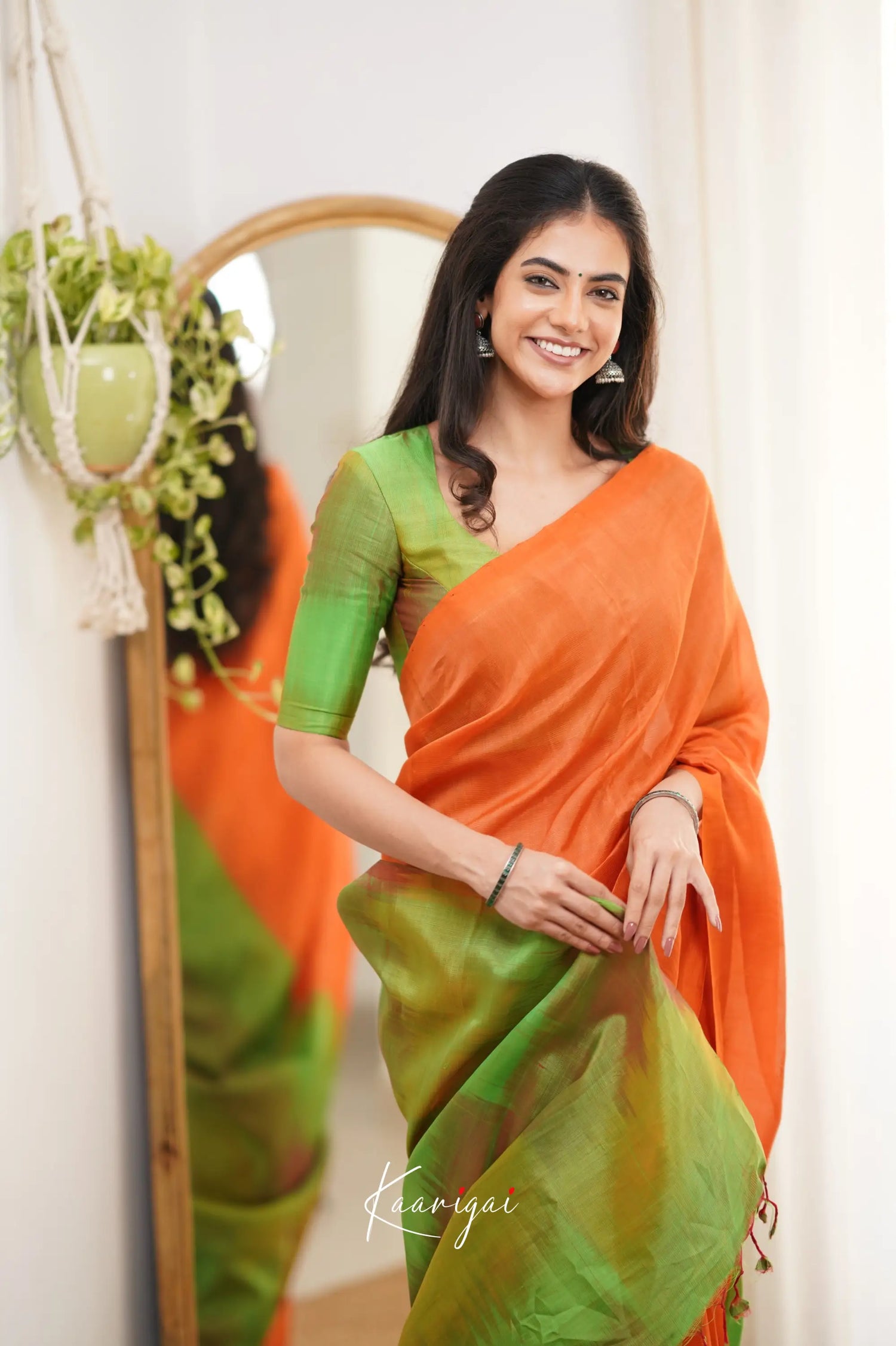 Madura Mangalagiri Saree - Orange And Green Sarees