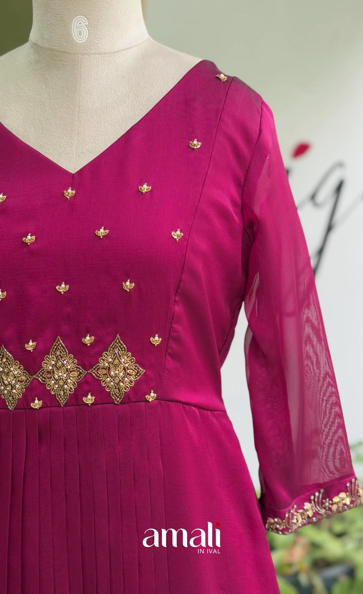 Magenta Pink Aari Handworked Georgette A-Line Top - salwar