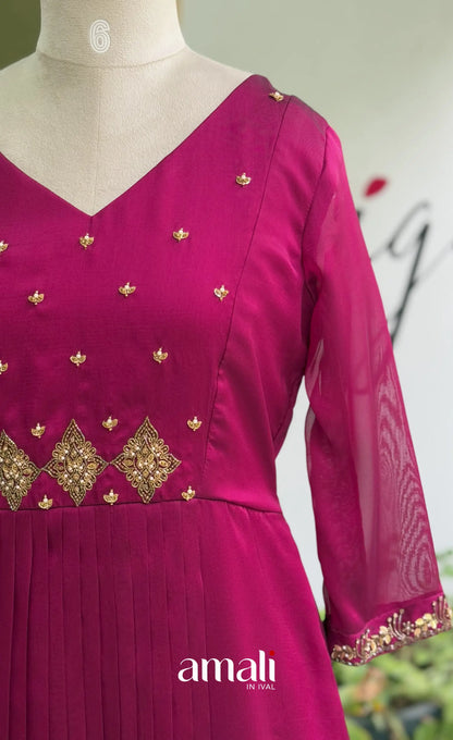 Magenta Pink Aari Handworked Georgette A-Line Top - salwar
