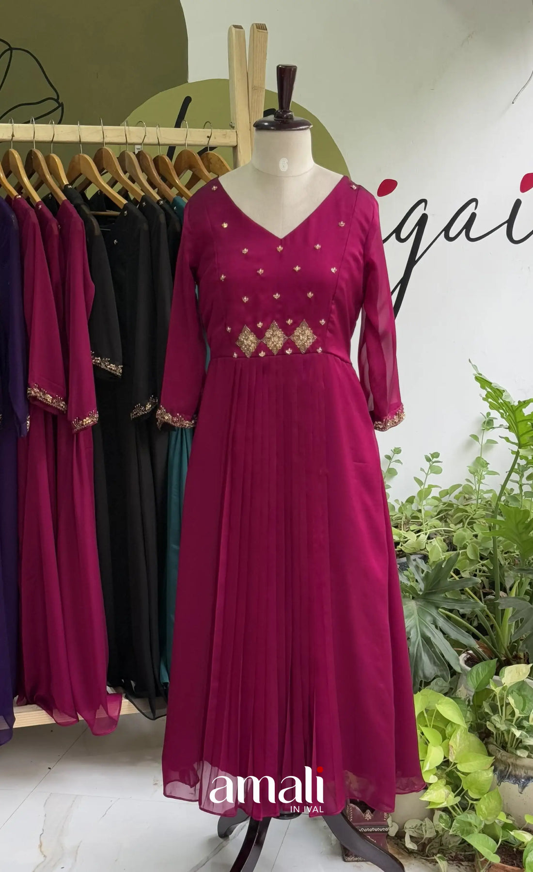 Magenta Pink Aari Handworked Georgette A-Line Top - salwar