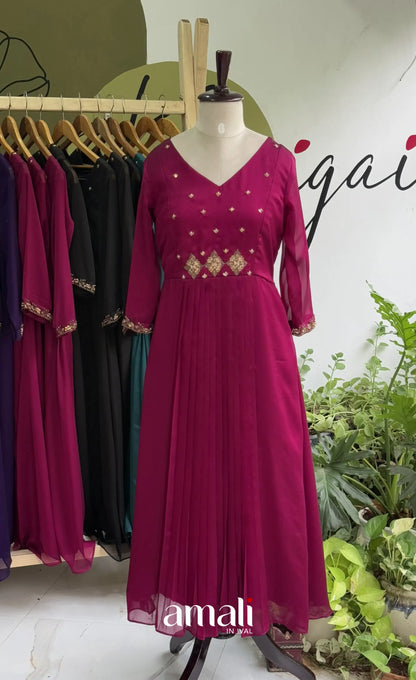 Magenta Pink Aari Handworked Georgette A-Line Top - salwar
