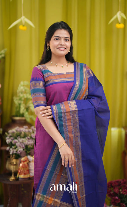 Magenta pink and Dark blue Chettinad Cotton Salwar Set - salwar