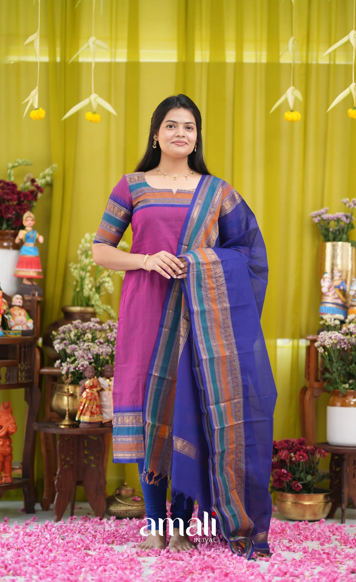 Magenta pink and Dark blue Chettinad Cotton Salwar Set - salwar