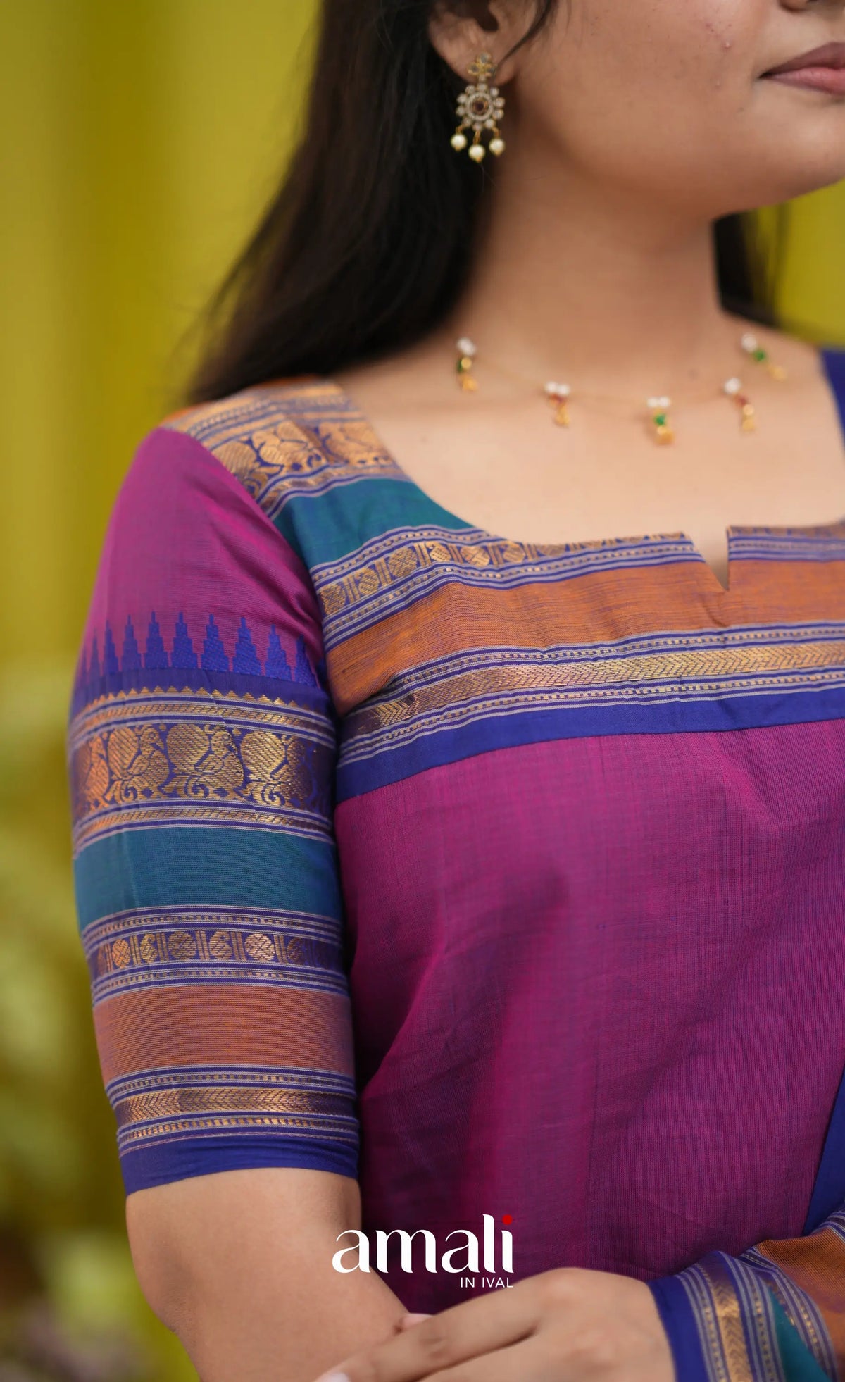 Magenta pink and Dark blue Chettinad Cotton Salwar Set - salwar