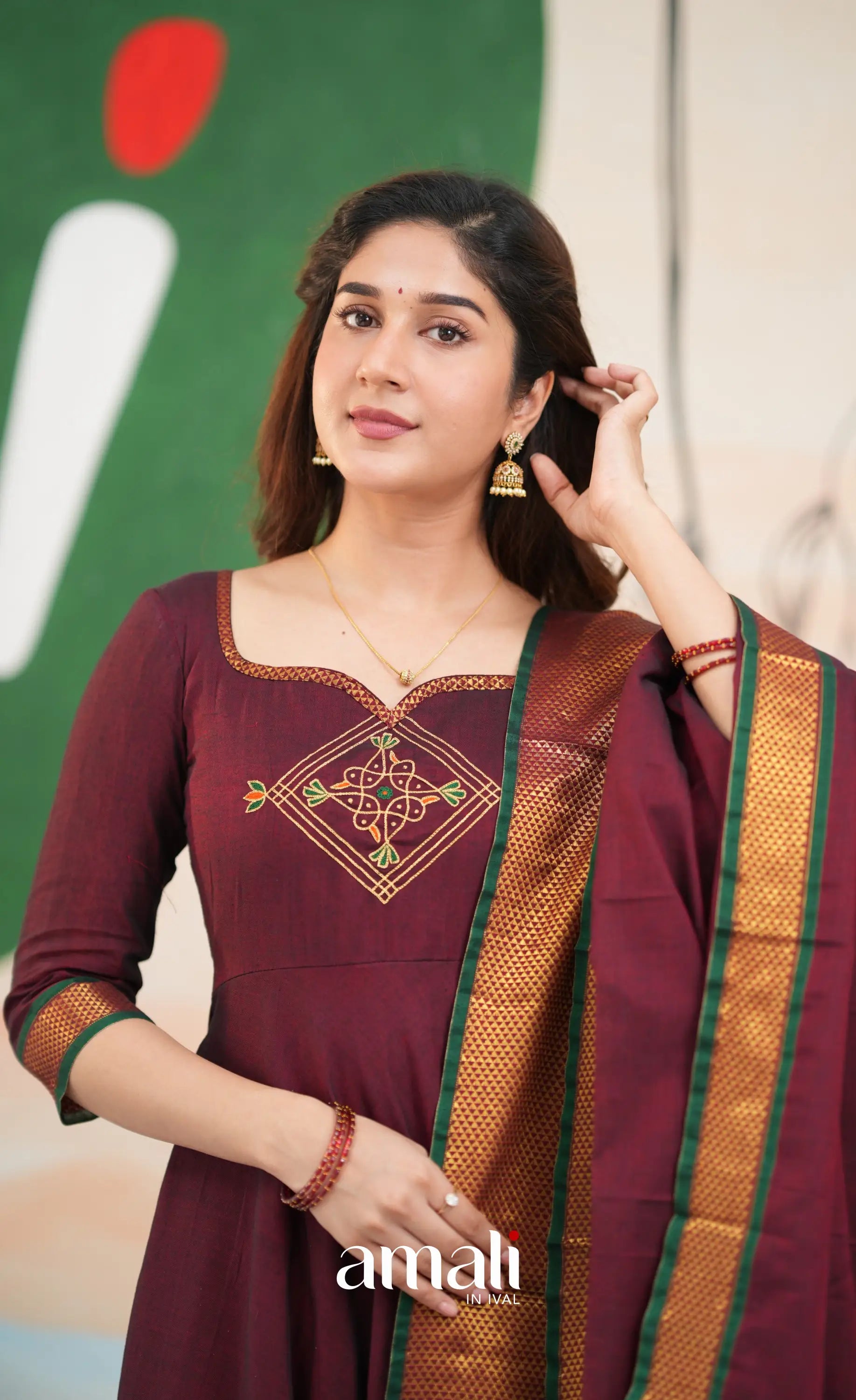 Maroon and Deep green Narayanpet Cotton Anarkali - Anarkalis
