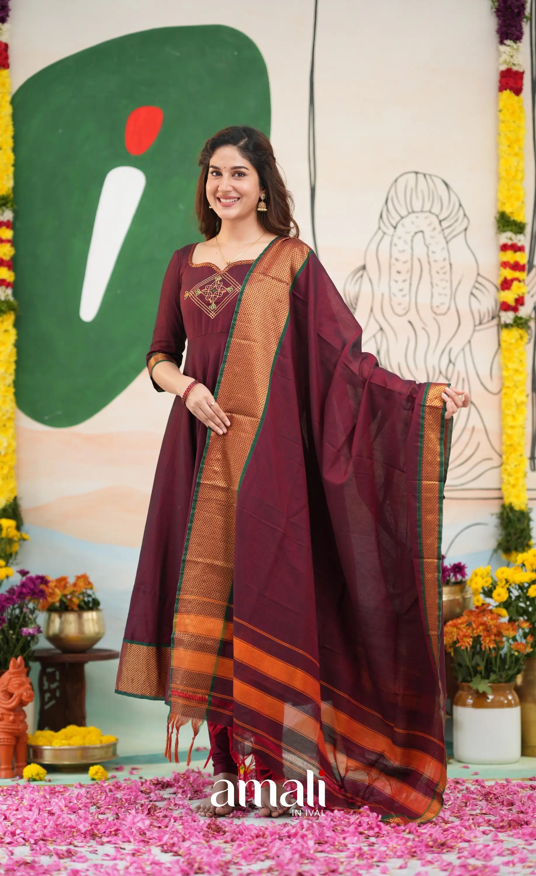 Maroon and Deep green Narayanpet Cotton Anarkali - Anarkalis