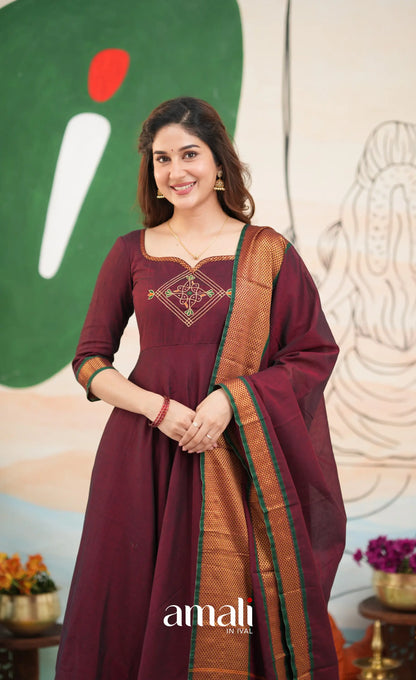 Maroon and Deep green Narayanpet Cotton Anarkali - Anarkalis