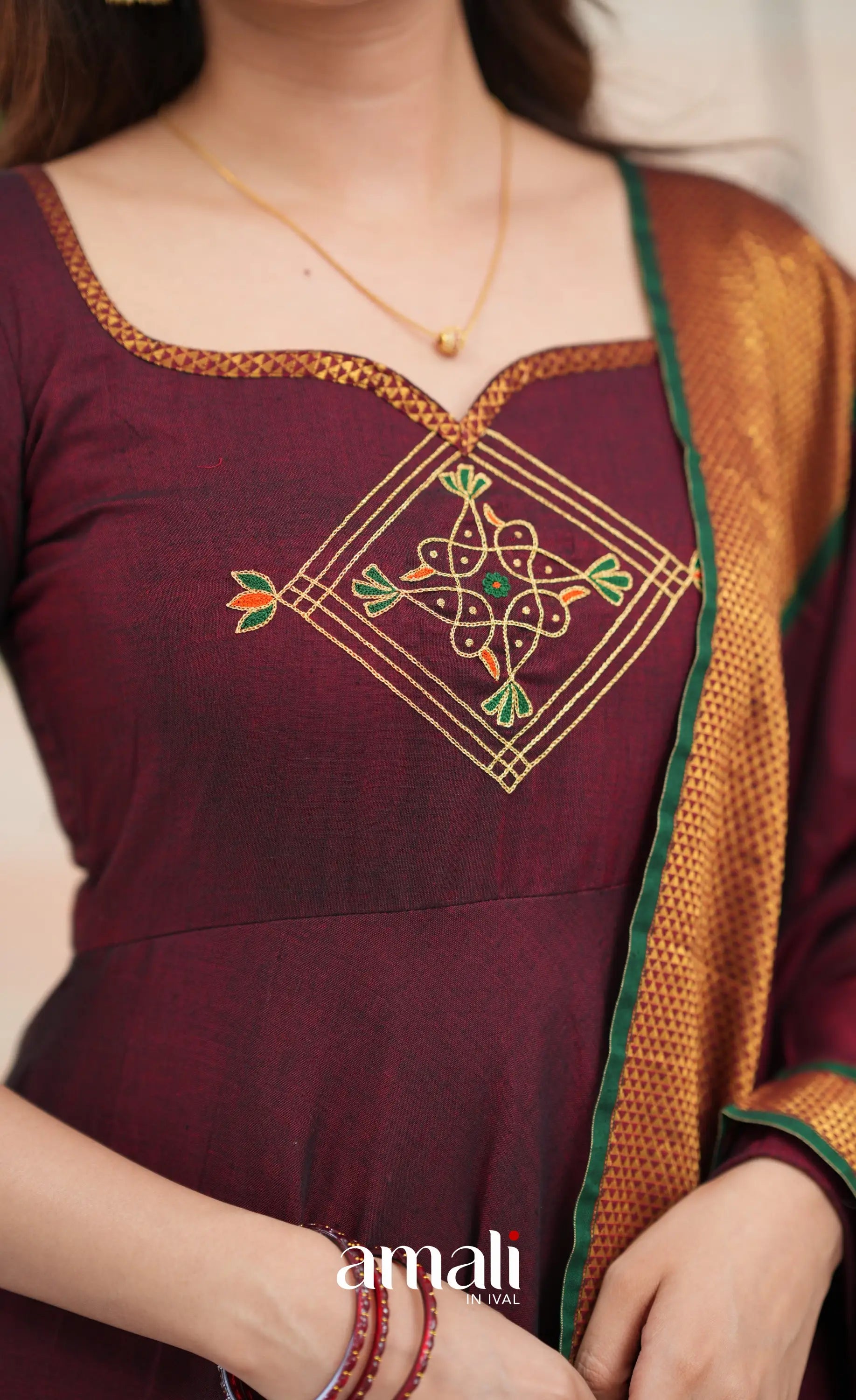 Maroon and Deep green Narayanpet Cotton Anarkali - Anarkalis
