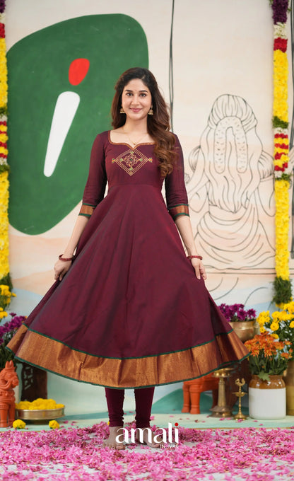 Maroon and Deep green Narayanpet Cotton Anarkali - Anarkalis