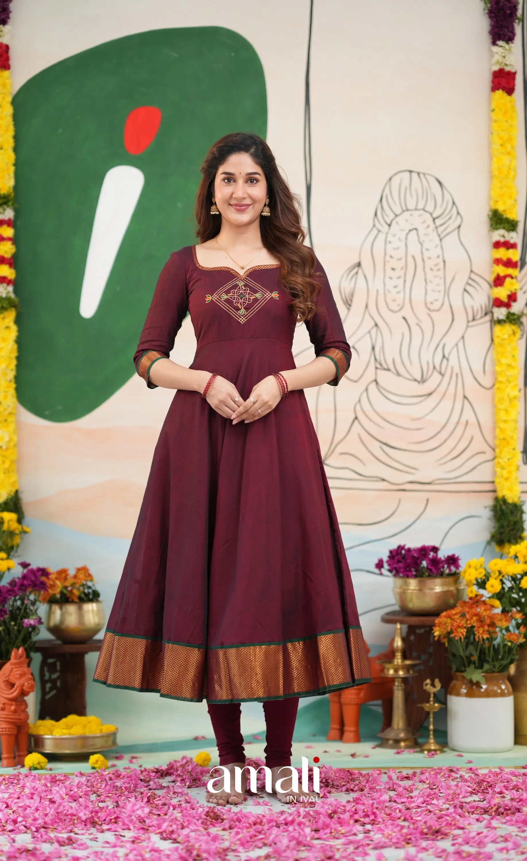Maroon and Deep green Narayanpet Cotton Anarkali - Anarkalis