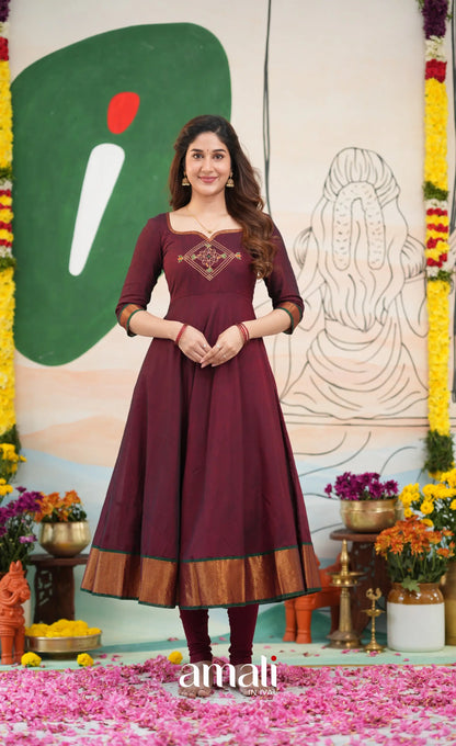 Maroon and Deep green Narayanpet Cotton Anarkali - Anarkalis
