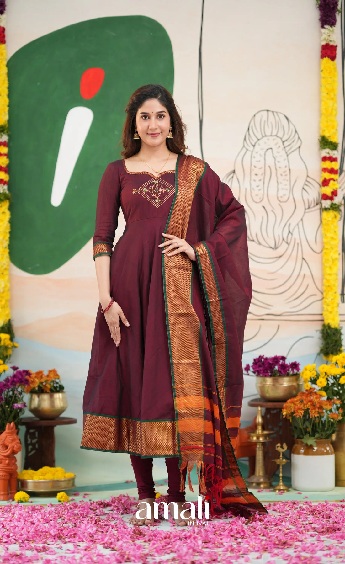 Maroon and Deep green Narayanpet Cotton Anarkali - Anarkalis