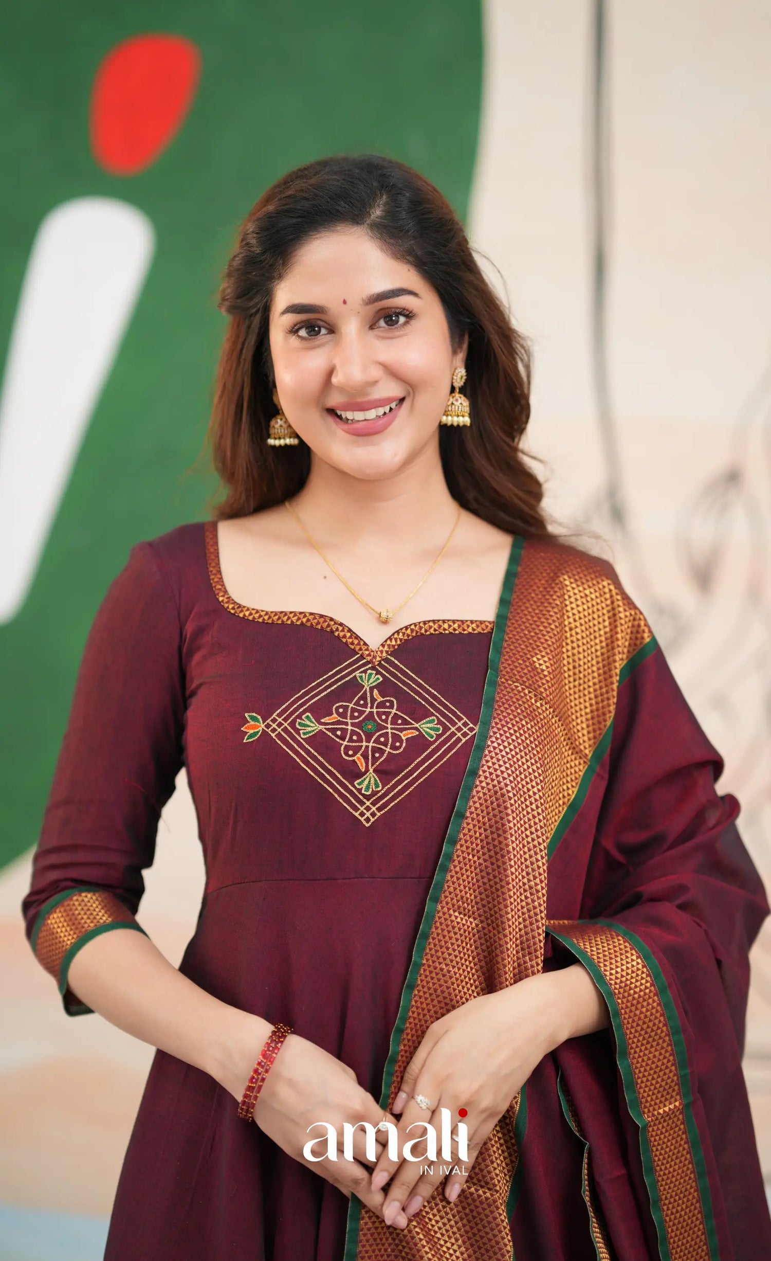 Maroon and Deep green Narayanpet Cotton Anarkali - Anarkalis
