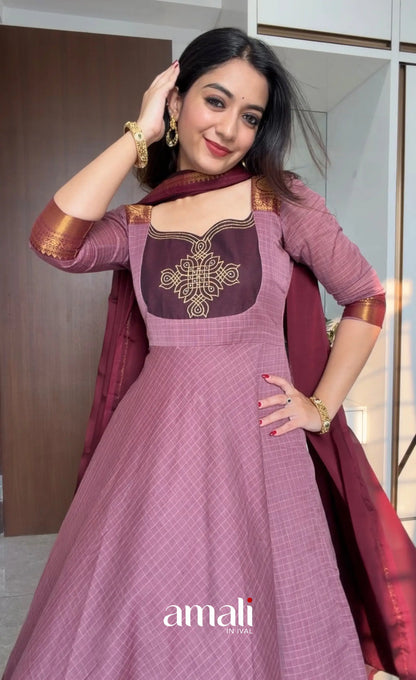 Mauve and Dark Maroon Chettinad Cotton Anarkali Anarkalis