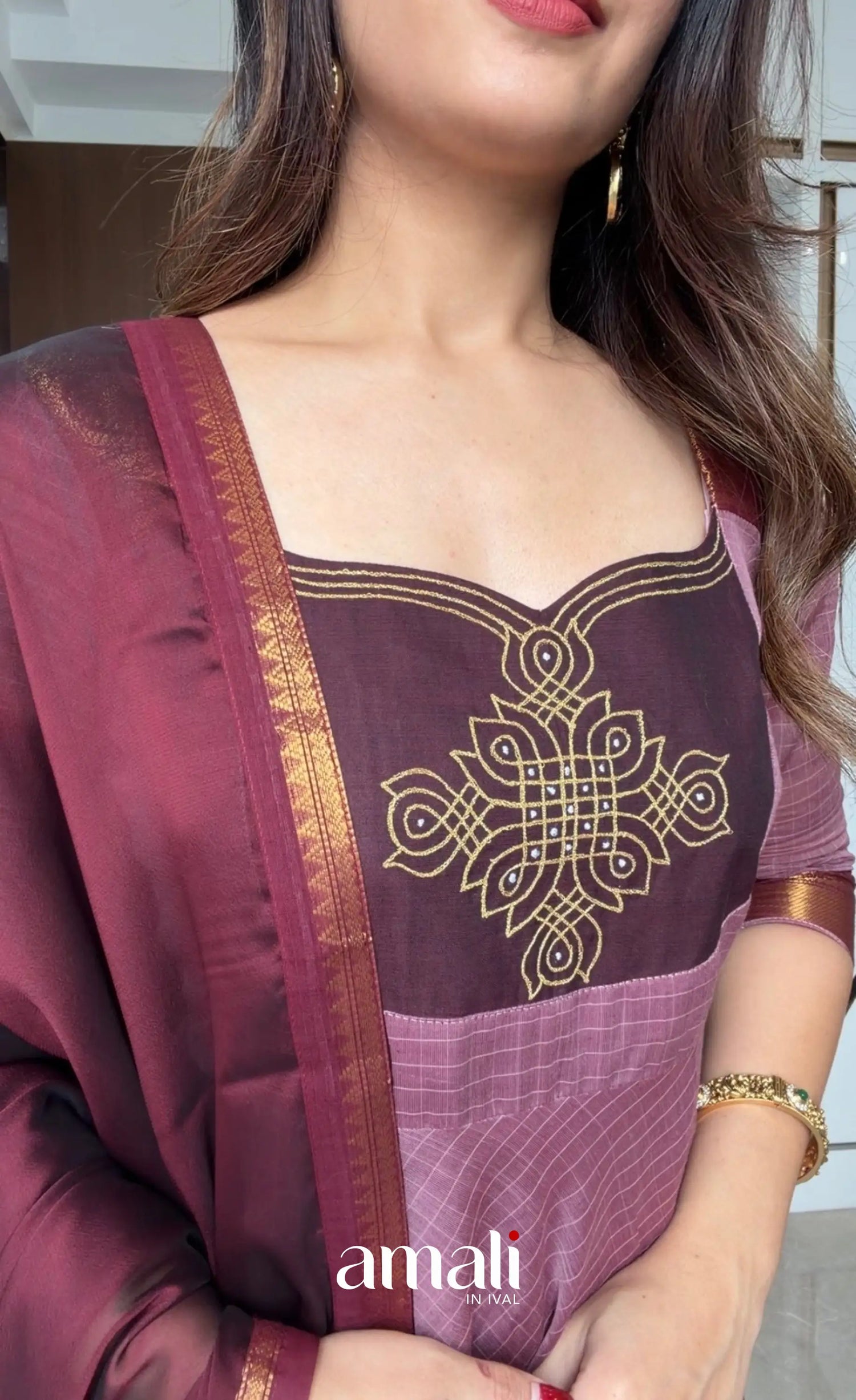 Mauve and Dark Maroon Chettinad Cotton Anarkali Anarkalis