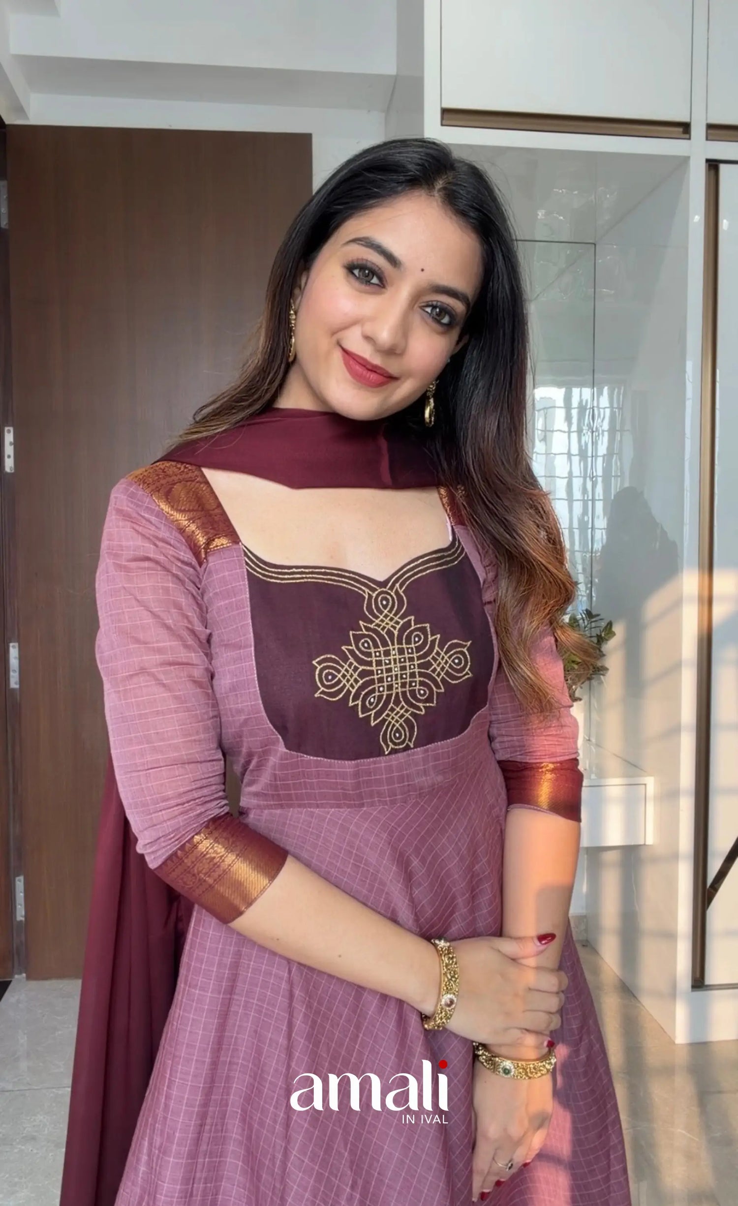 Mauve and Dark Maroon Chettinad Cotton Anarkali Anarkalis