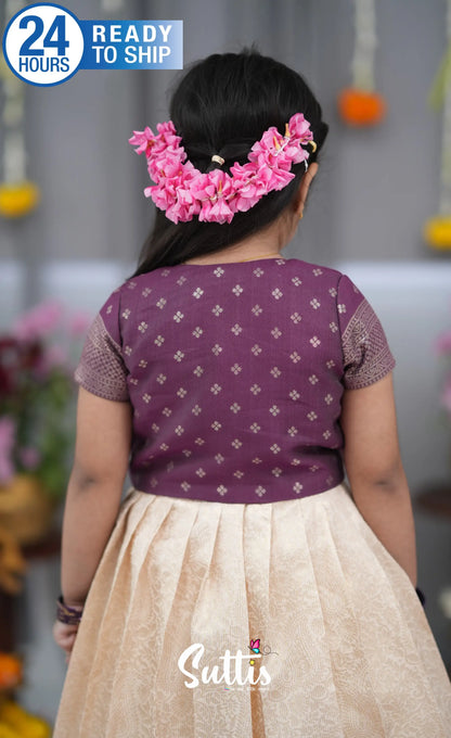 Maya Blended Silk Long Gown Off white and magentaish Purple Kids Suttis