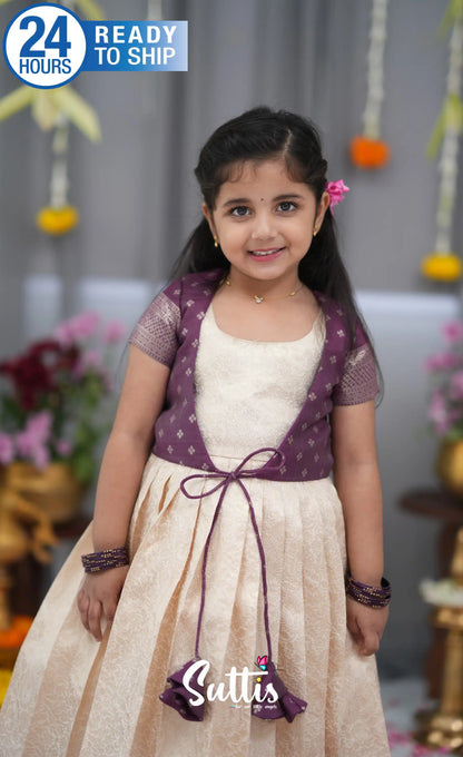 Maya Blended Silk Long Gown Off white and magentaish Purple Kids Suttis