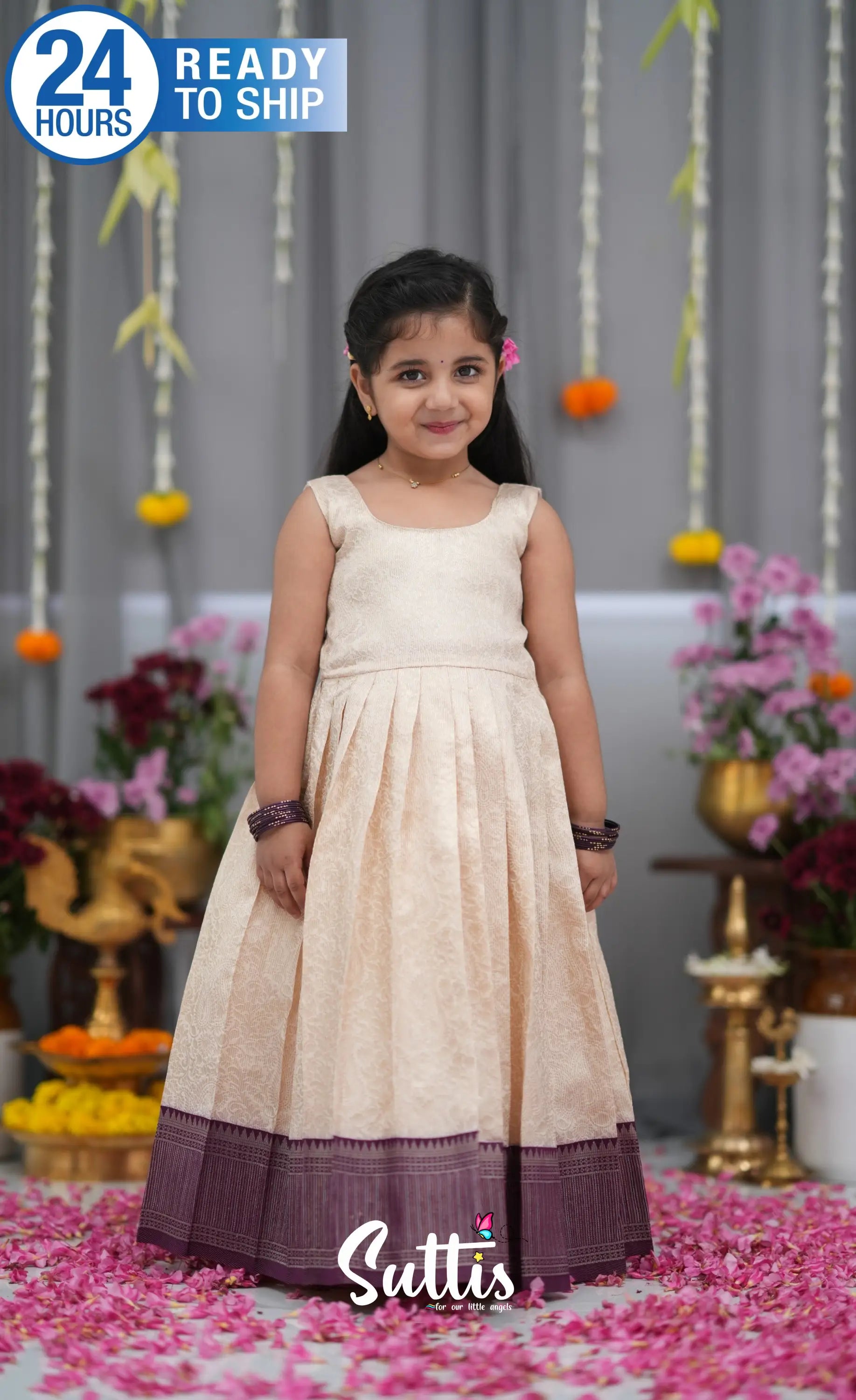Maya Blended Silk Long Gown Off white and magentaish Purple Kids Suttis
