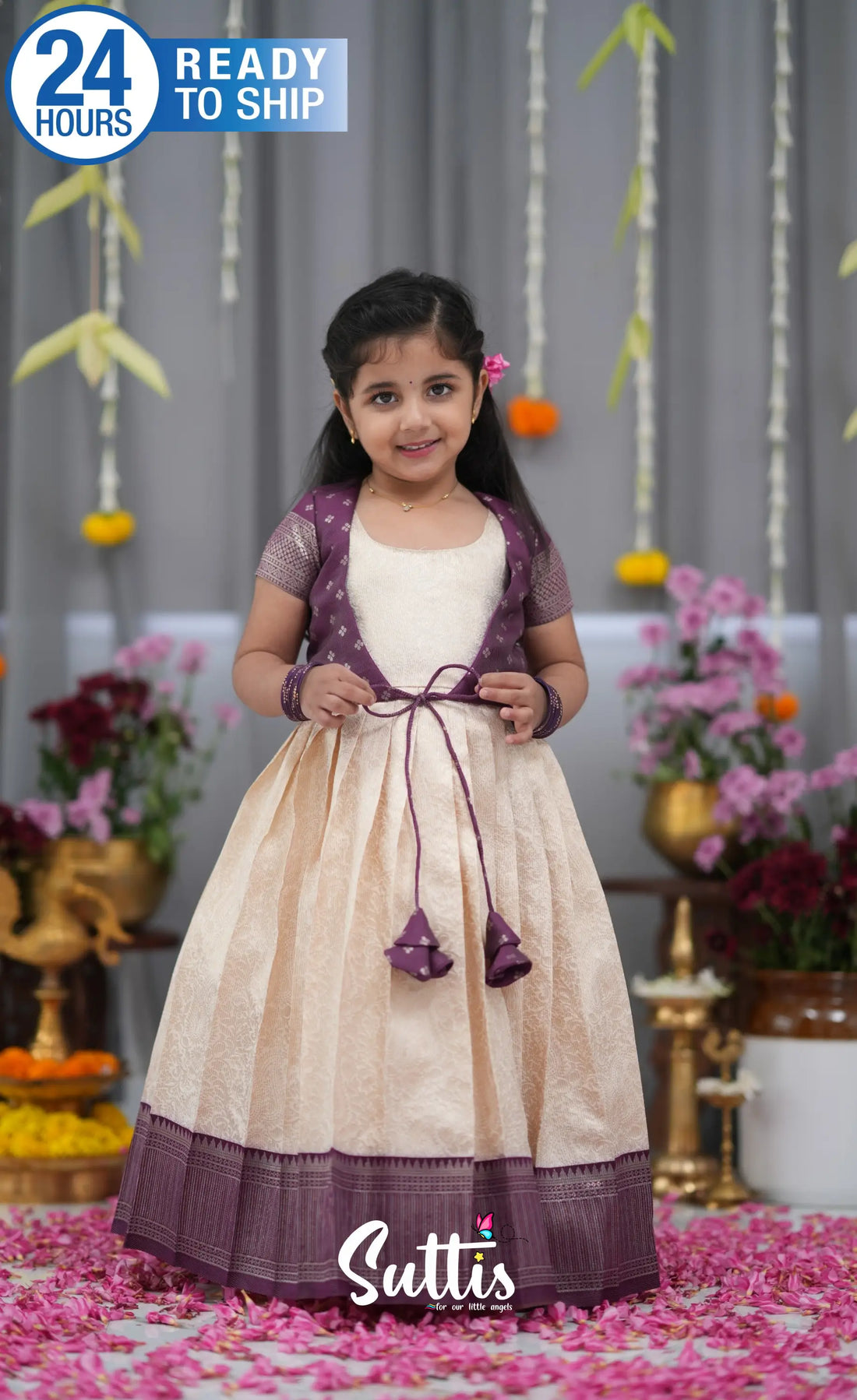 Maya Blended Silk Long Gown Off white and magentaish Purple Kids Suttis