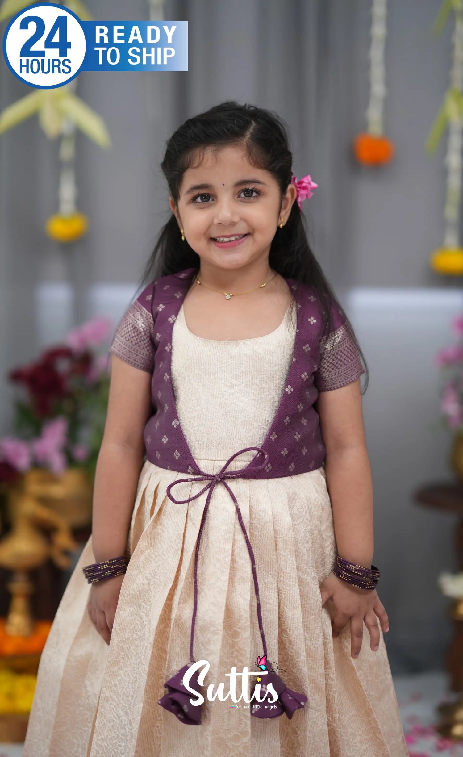 Maya Blended Silk Long Gown Off white and magentaish Purple Kids Suttis