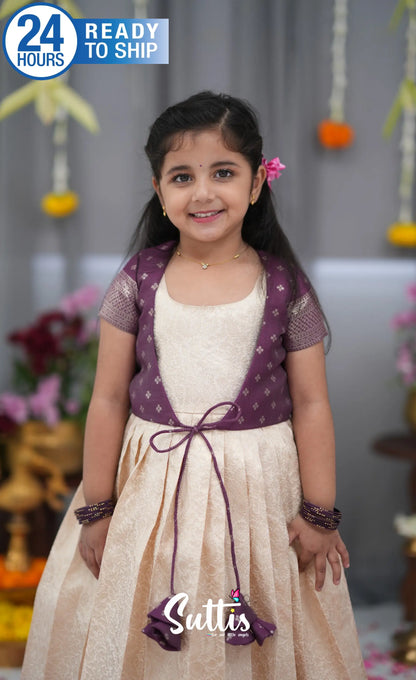 Maya Blended Silk Long Gown Off white and magentaish Purple Kids Suttis
