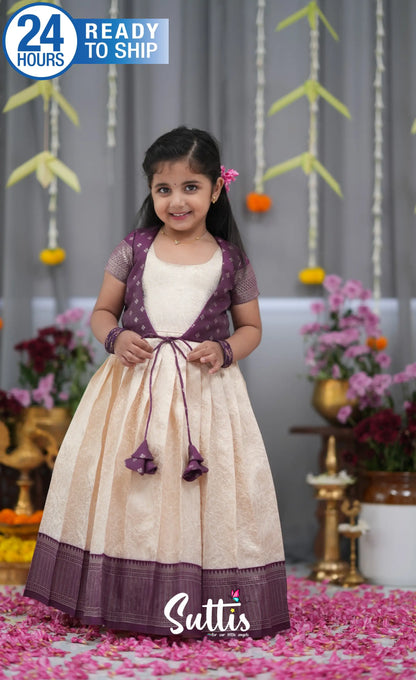 Maya Blended Silk Long Gown Off white and magentaish Purple Kids Suttis