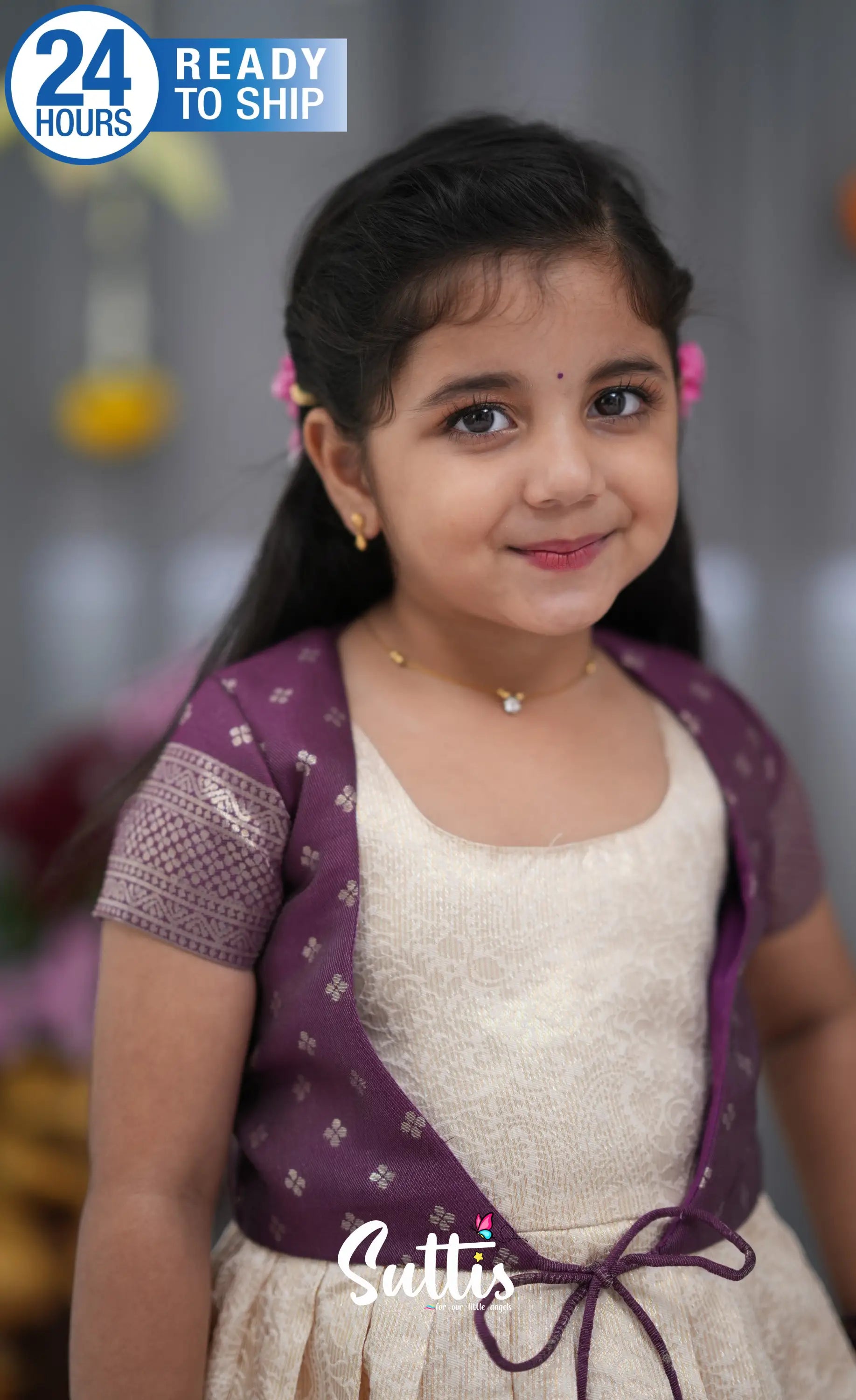 Maya Blended Silk Long Gown Off white and magentaish Purple Kids Suttis