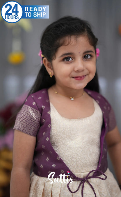 Maya Blended Silk Long Gown Off white and magentaish Purple Kids Suttis