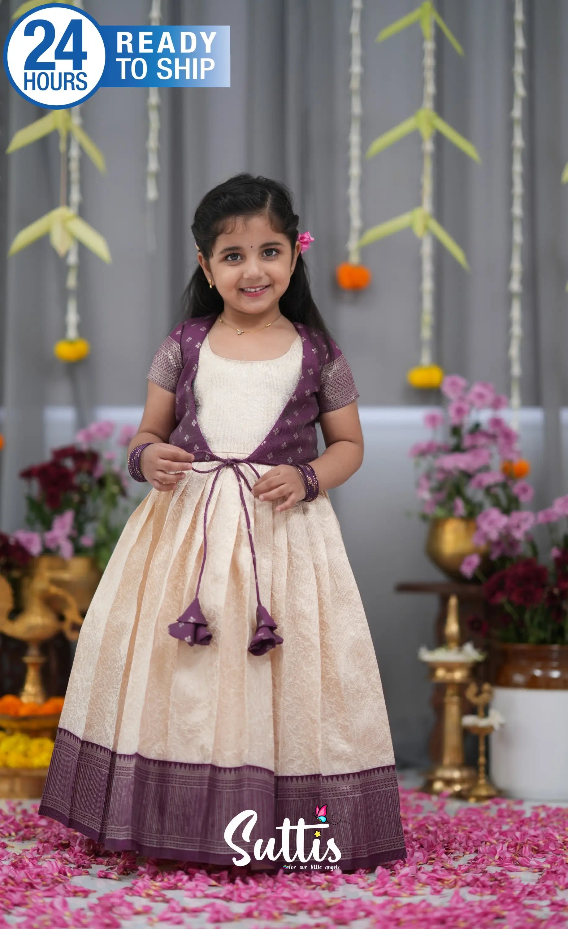Maya Blended Silk Long Gown Off white and magentaish Purple Kids Suttis
