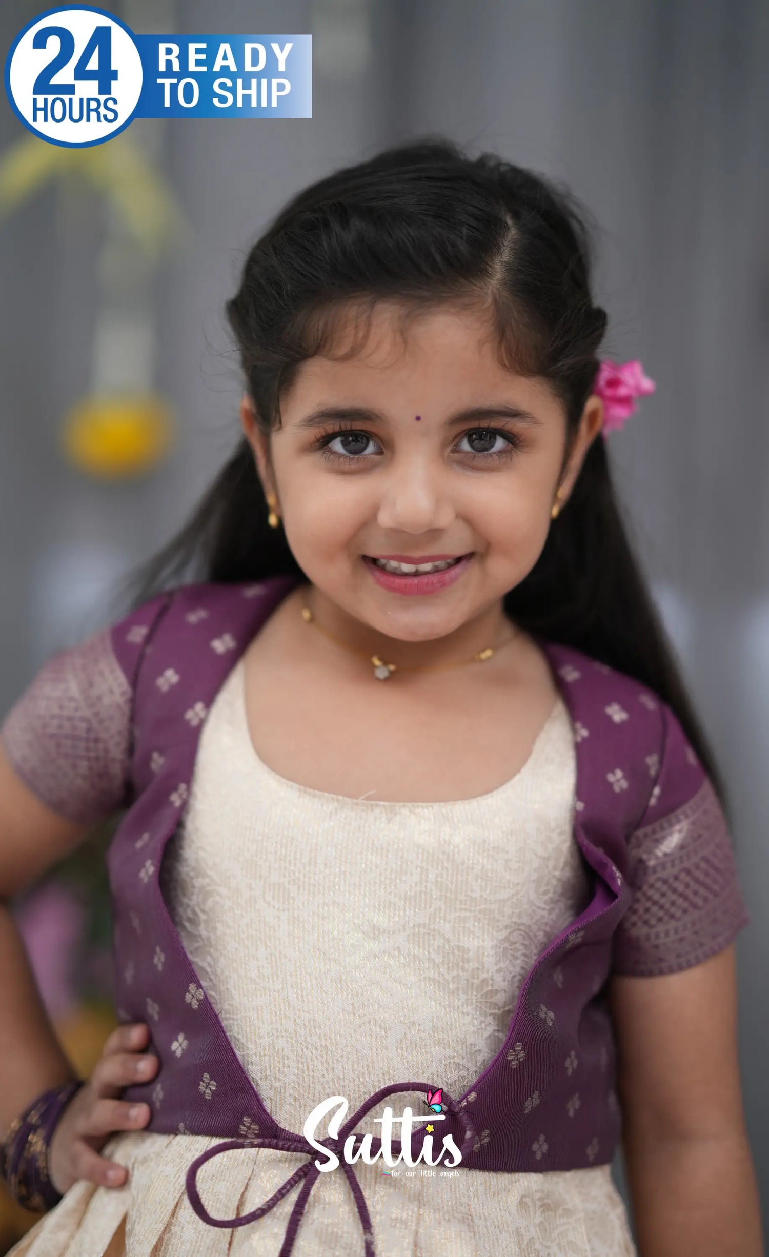 Maya Blended Silk Long Gown Off white and magentaish Purple Kids Suttis