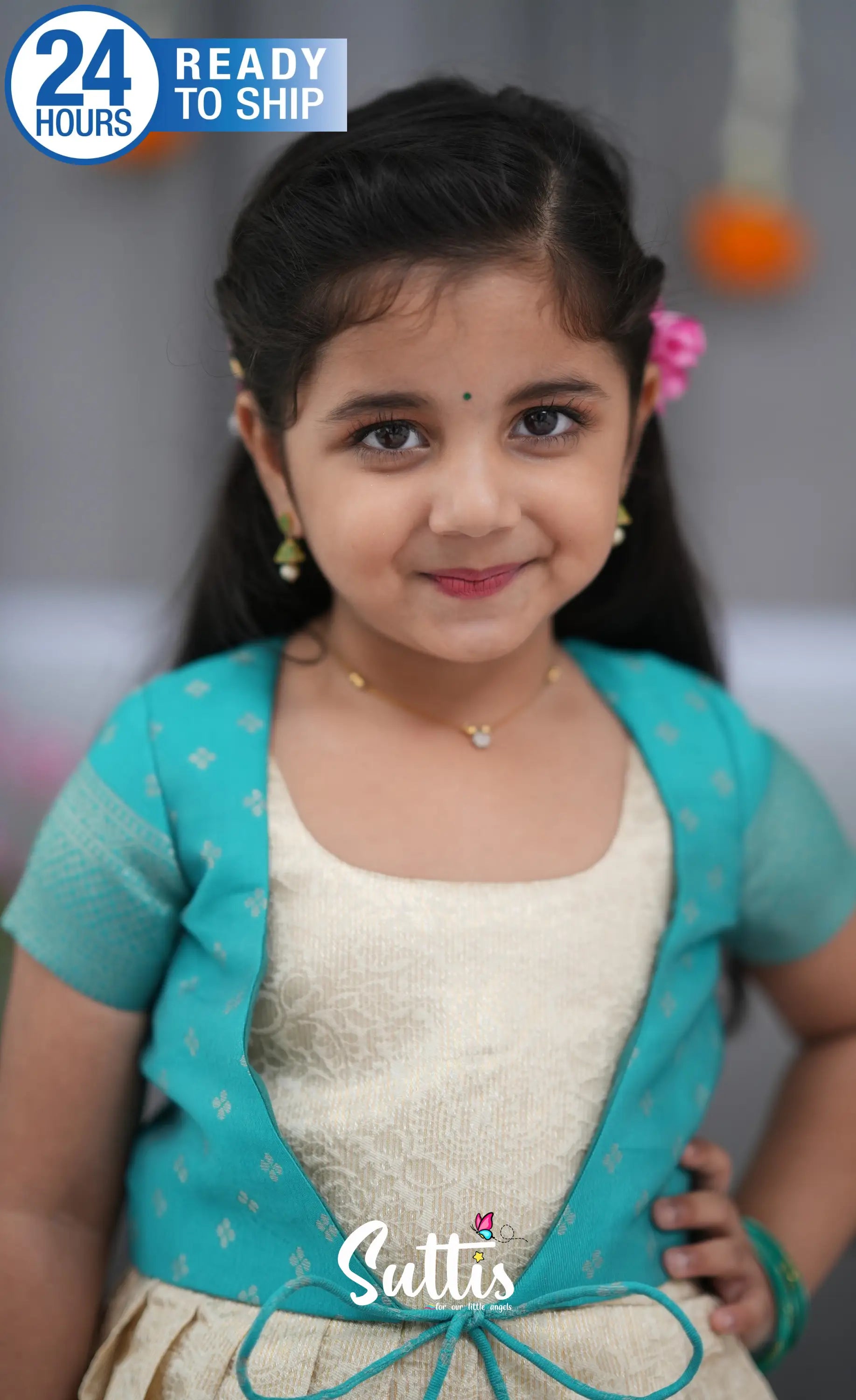 Maya Blended Silk Long Gown Off white and Teal Kids Suttis