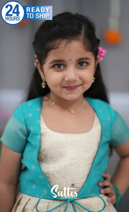 Maya Blended Silk Long Gown Off white and Teal Kids Suttis