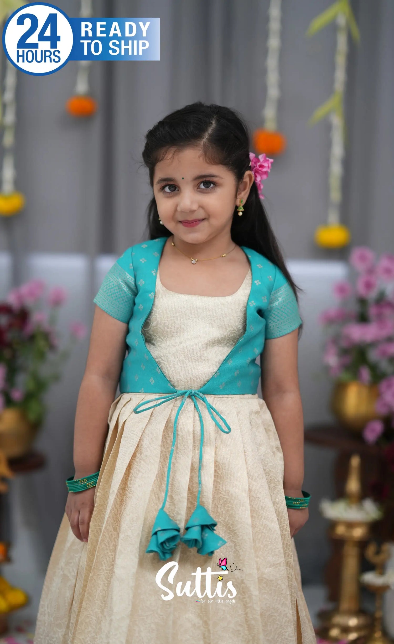 Maya Blended Silk Long Gown Off white and Teal Kids Suttis