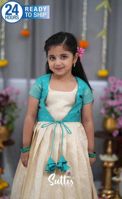 Maya Blended Silk Long Gown Off white and Teal Kids Suttis