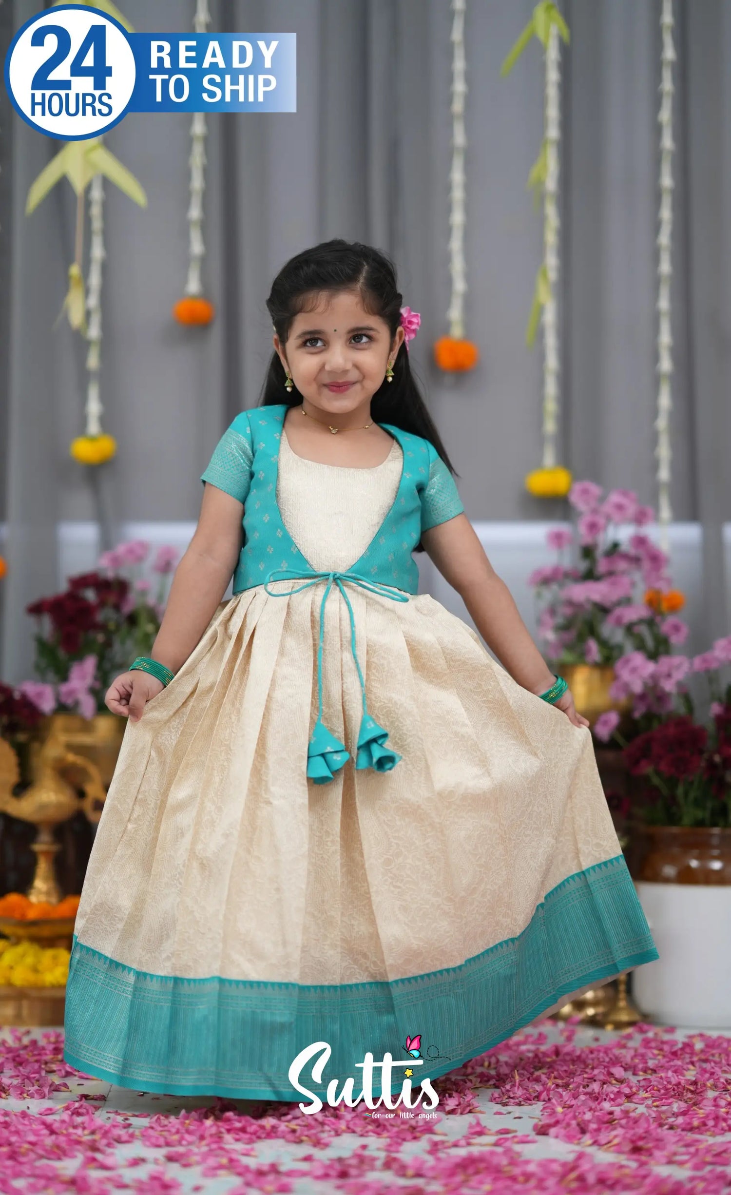 Maya Blended Silk Long Gown Off white and Teal Kids Suttis
