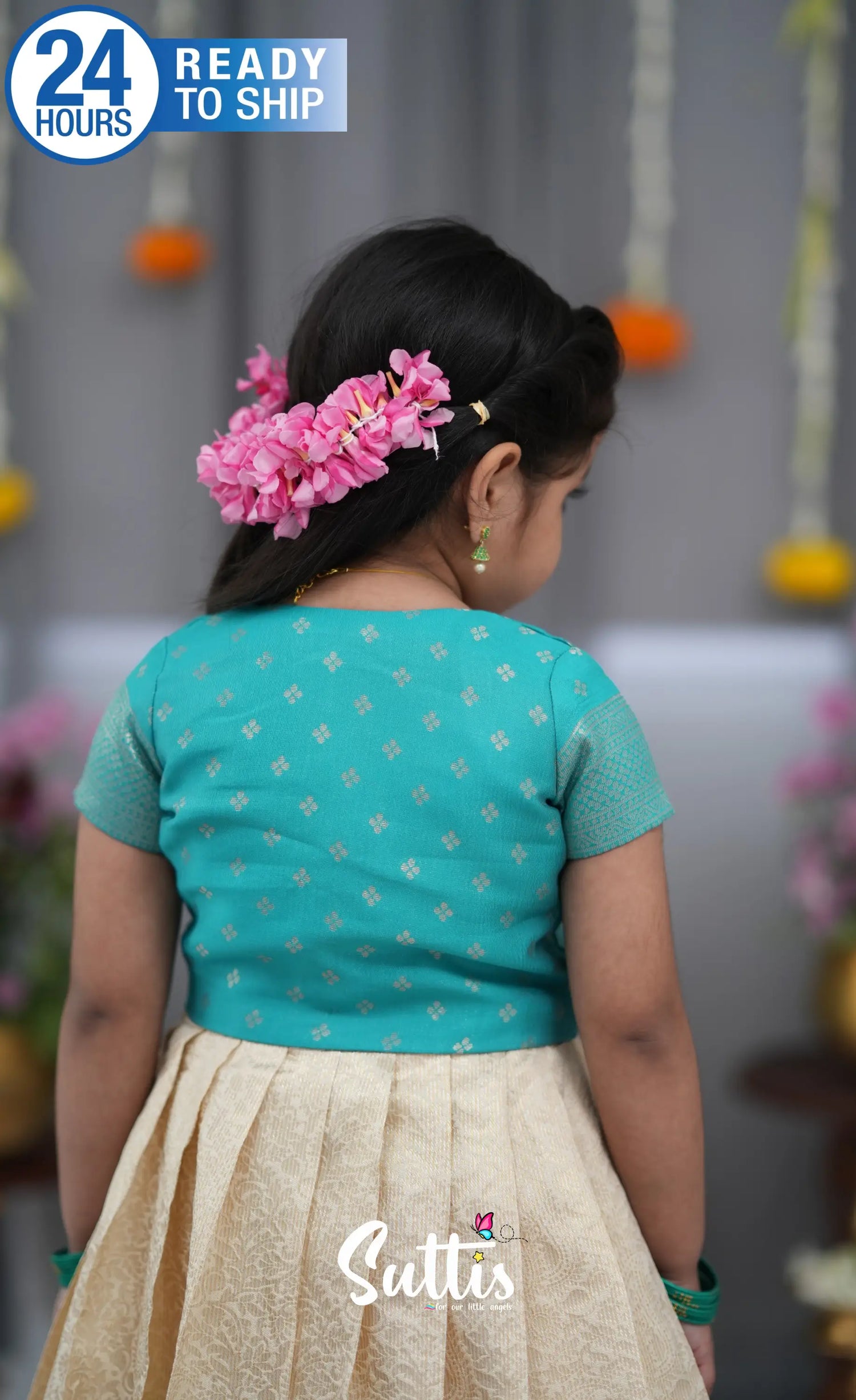 Maya Blended Silk Long Gown Off white and Teal Kids Suttis