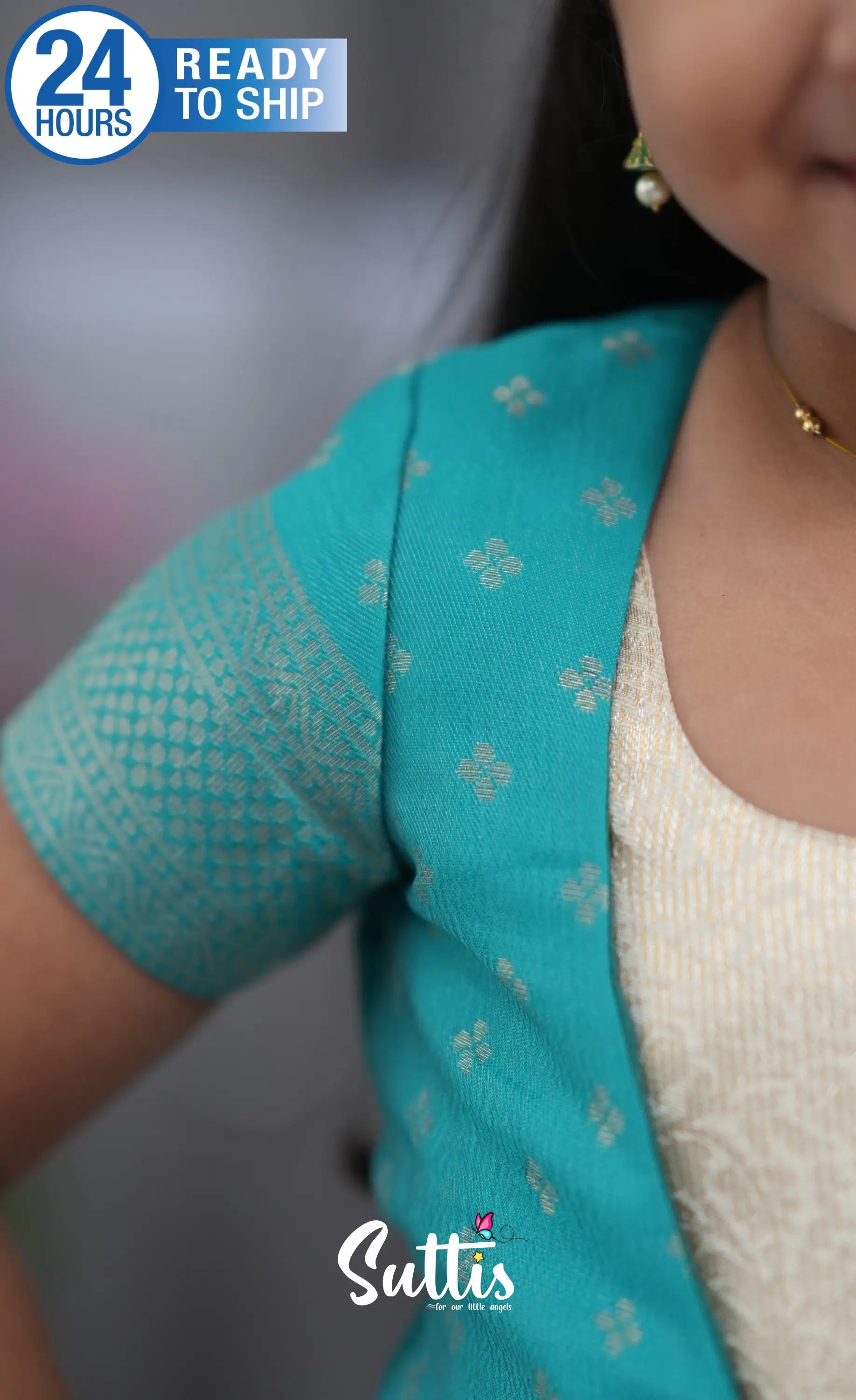 Maya Blended Silk Long Gown Off white and Teal Kids Suttis