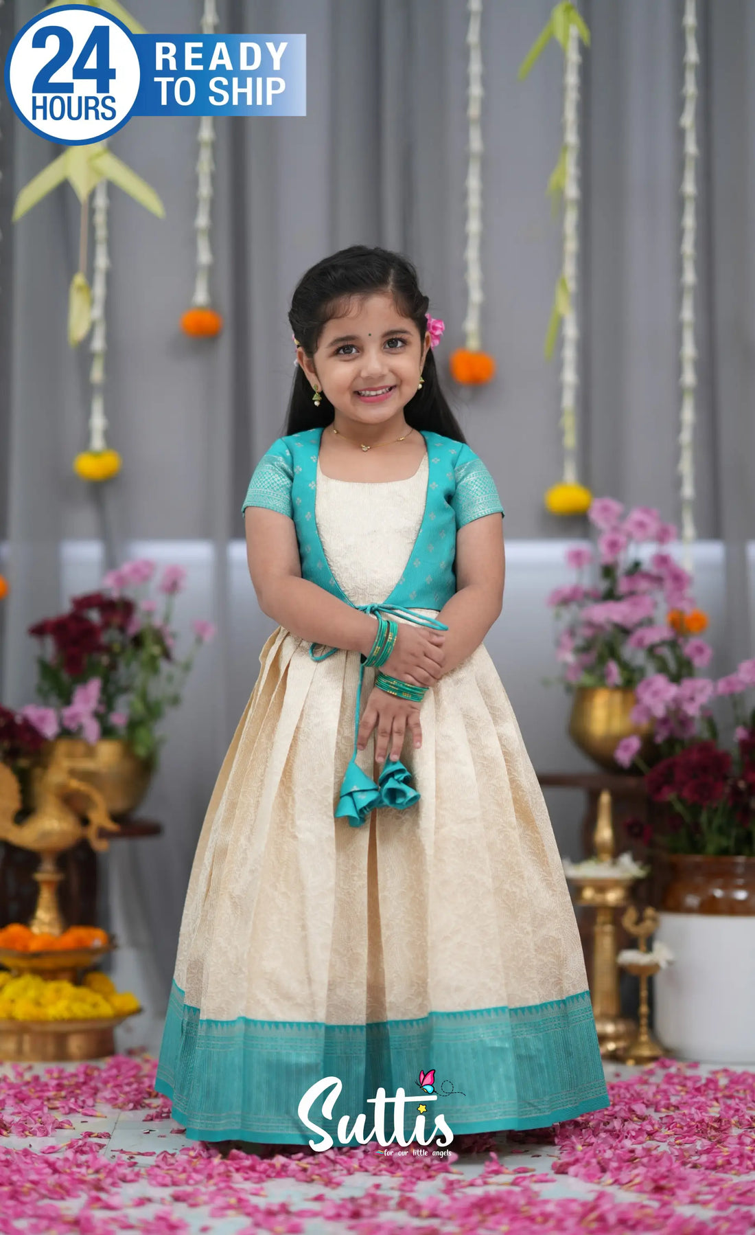 Maya Blended Silk Long Gown Off white and Teal Kids Suttis