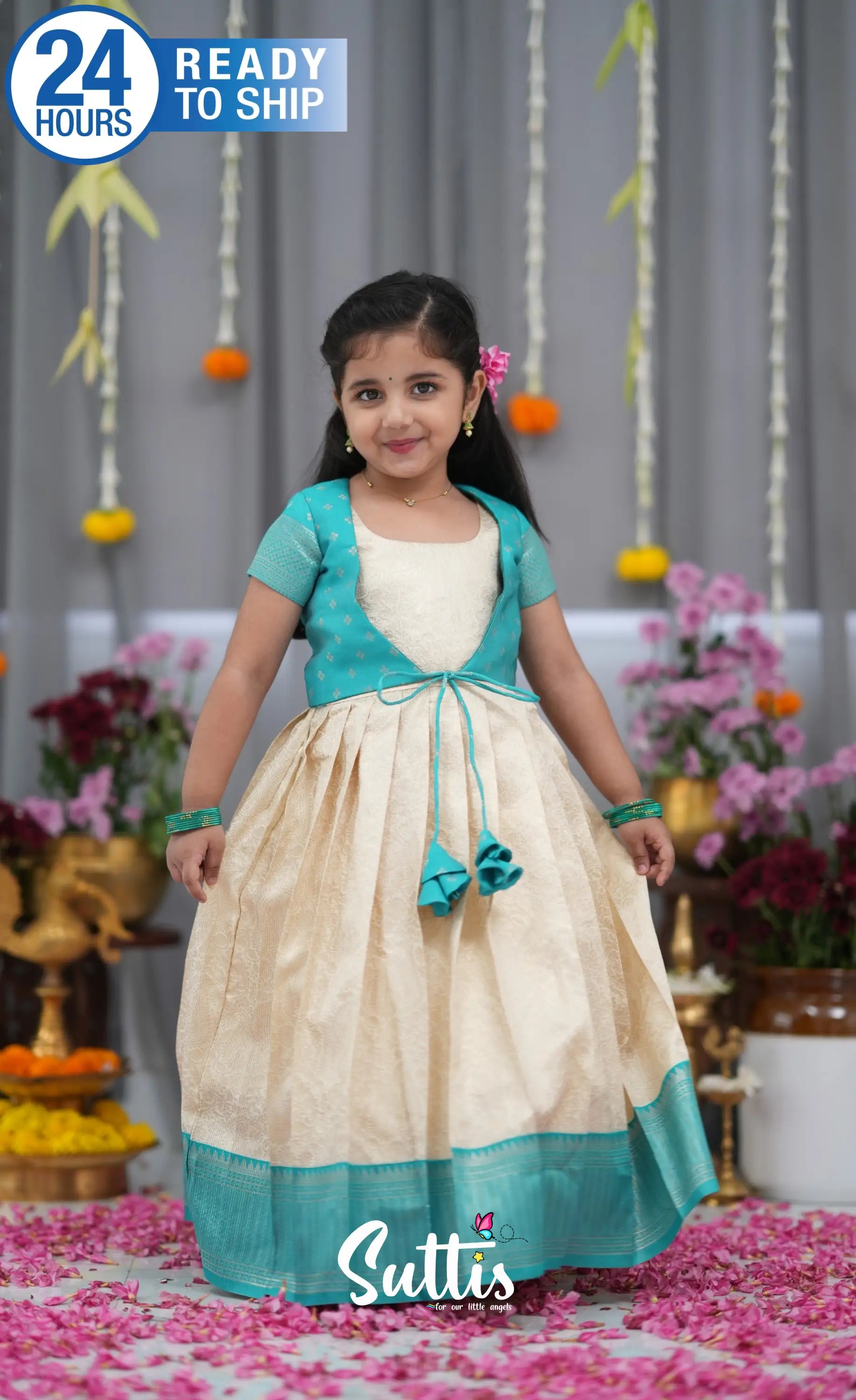 Maya Blended Silk Long Gown Off white and Teal Kids Suttis