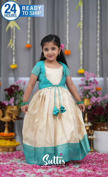 Maya Blended Silk Long Gown Off white and Teal Kids Suttis