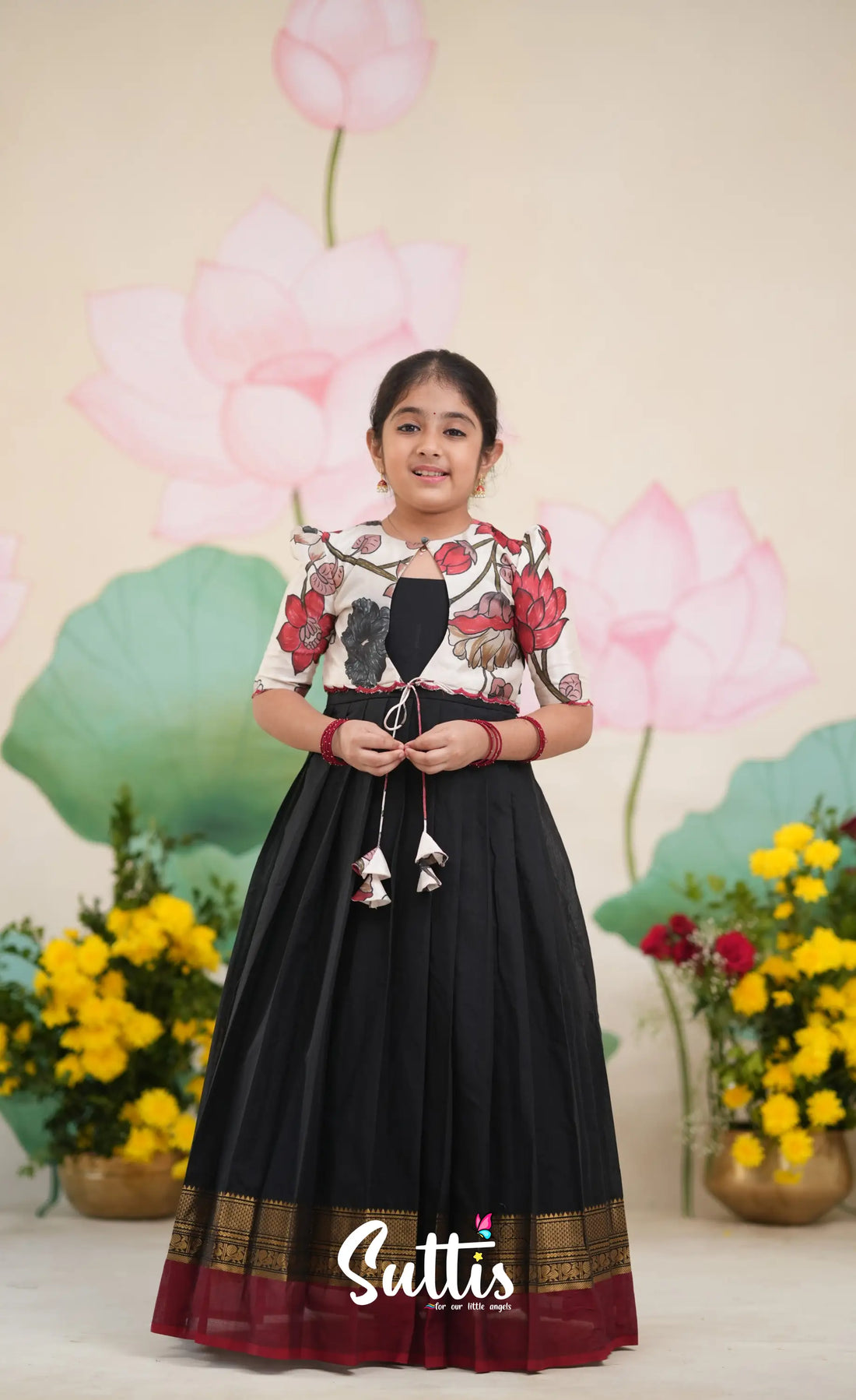 Maya Cotton Long Gown - Black and Dark Red Kids-Suttis