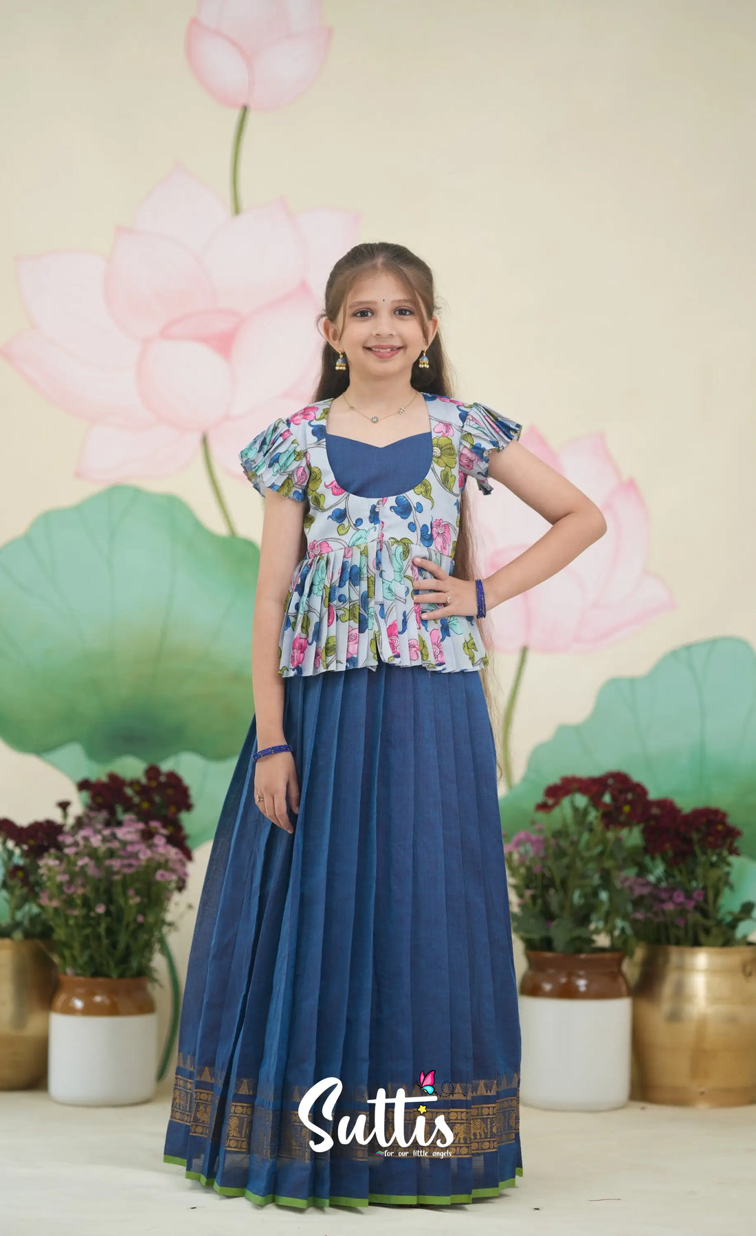Maya Cotton Long Gown - Blue and Pastel Blue Kids-Suttis