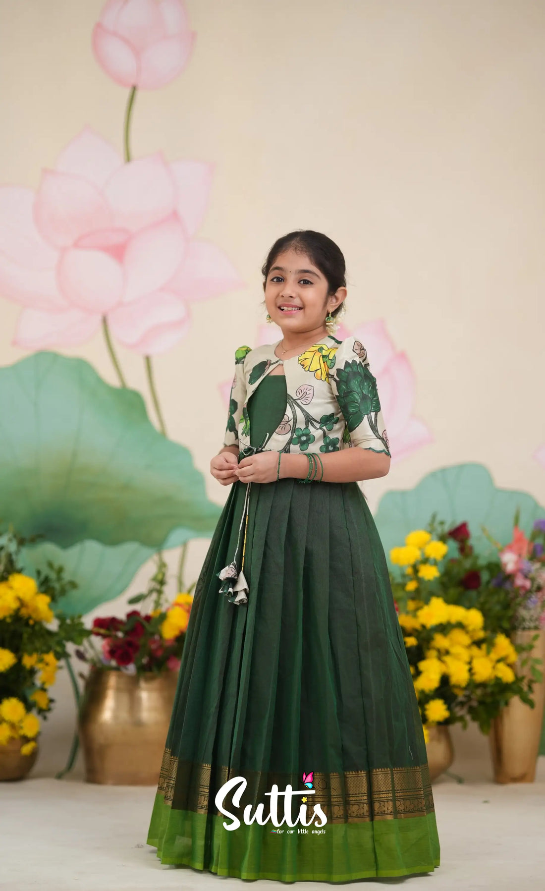 Maya Cotton Long Gown - Bottle Green and Leaf Green Kids-Suttis