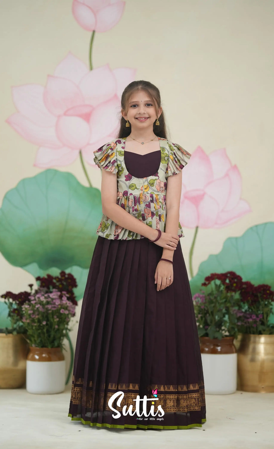 Maya Cotton Long Gown - Coffee Brown and Pastel Green Kids-Suttis