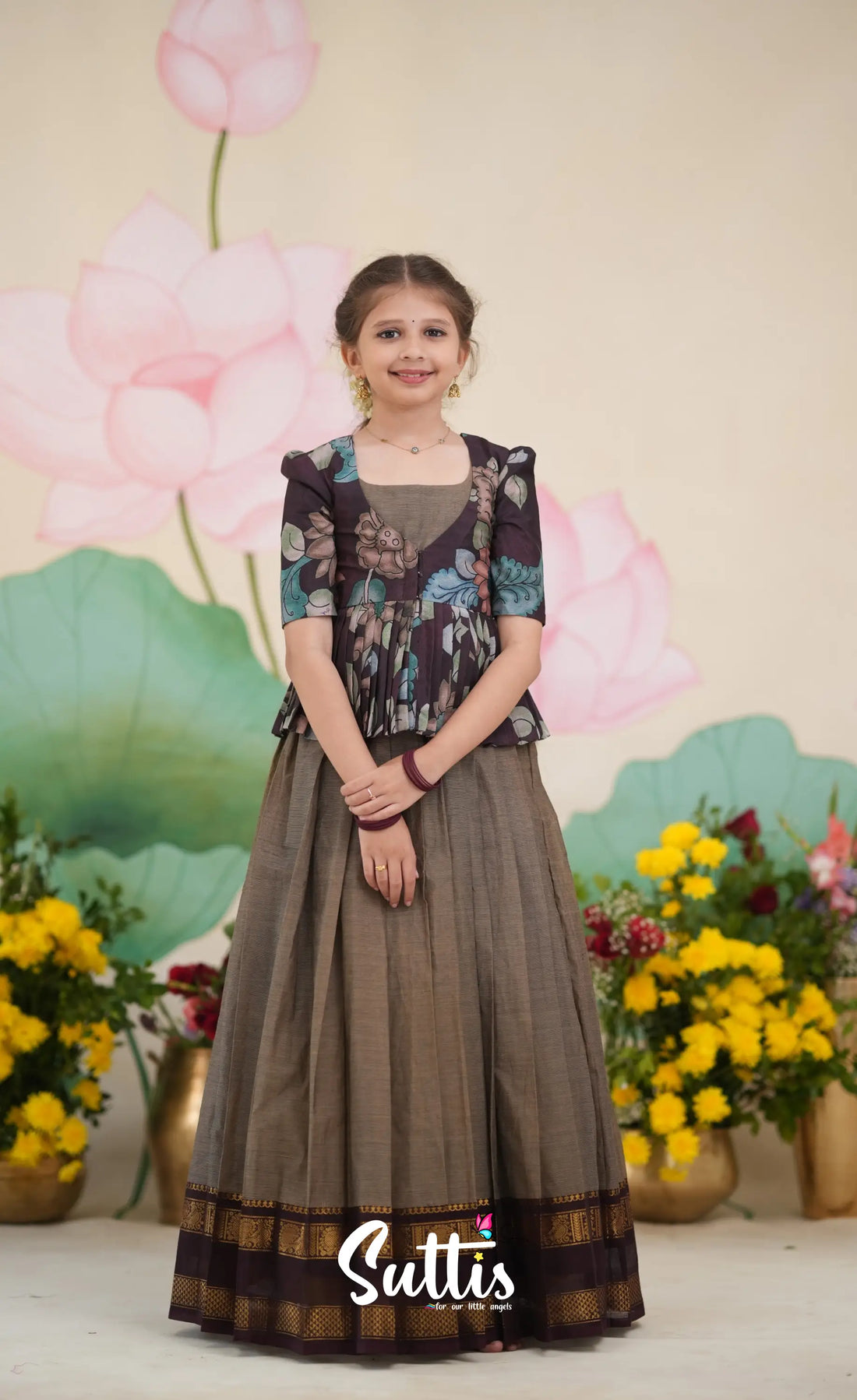 Maya Cotton Long Gown - Light Brown and Dark Brown Kids-Suttis