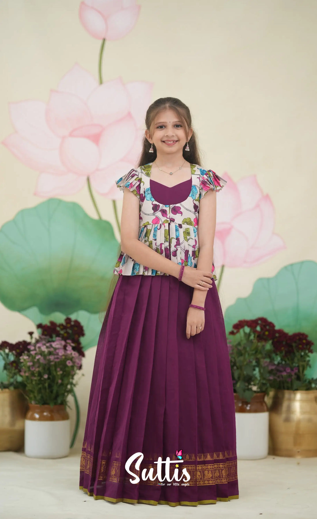 Maya Cotton Long Gown - Purple and Light Pink Kids-Suttis