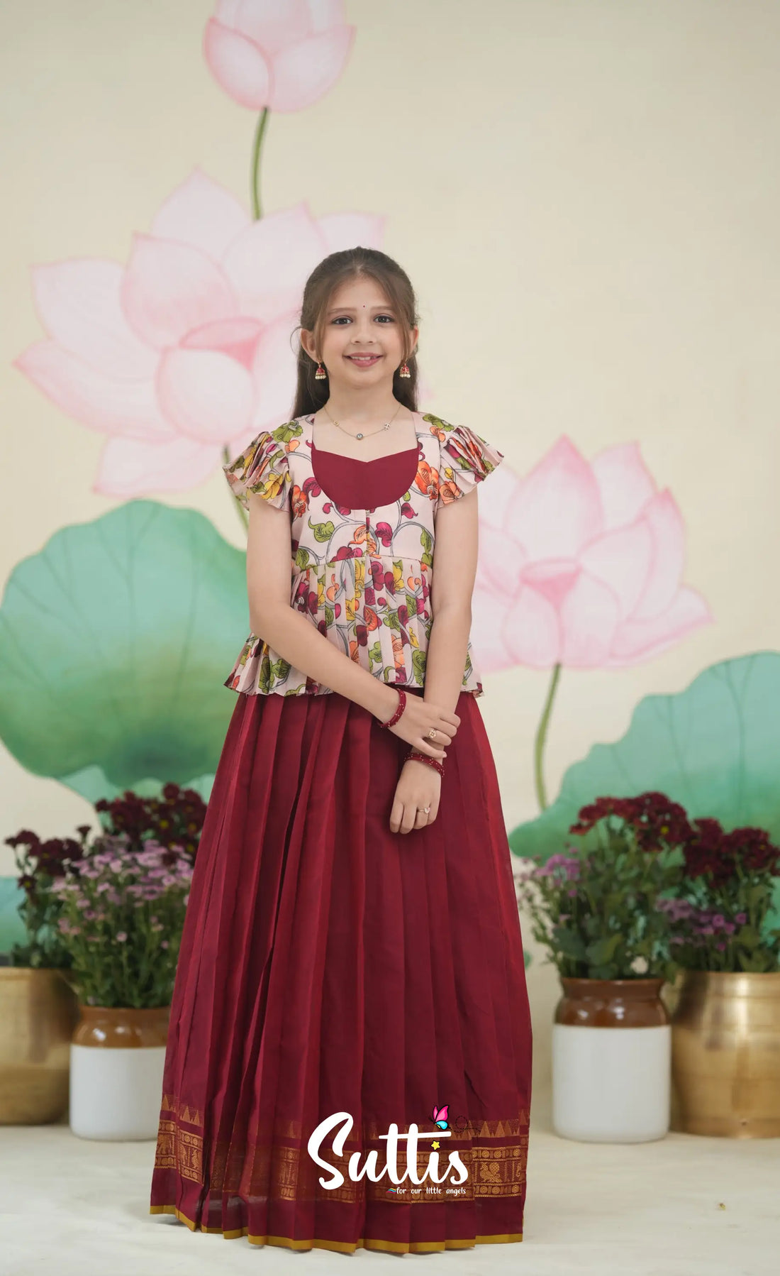 Maya Cotton Long Gown - Red and Pastel Pink Kids-Suttis